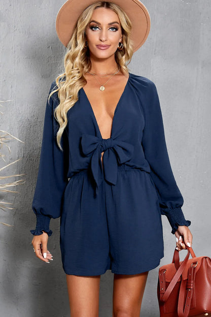 Navy Tie Knot Puff Long Sleeve Romper - Chic Meadow Boutique 