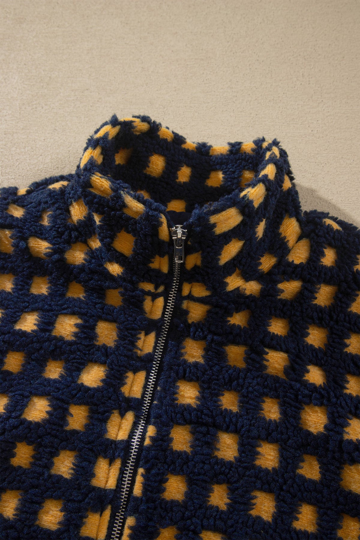 Blue Plaid Sherpa Fleece Zip Up Jacket