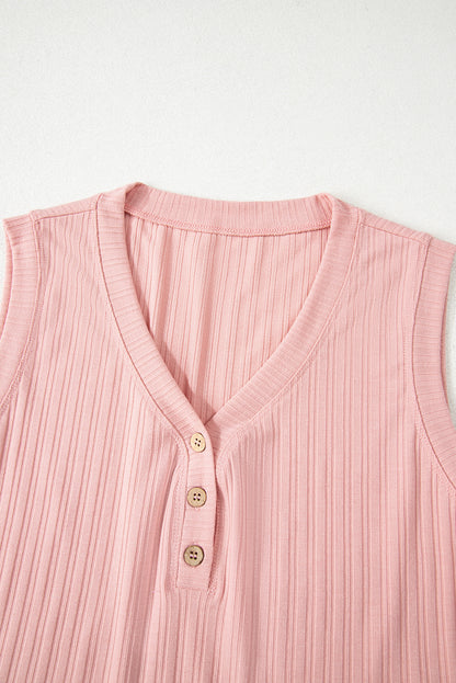 Gossamer Pink Ribbed Button V Neck Tank Top and Shorts Set