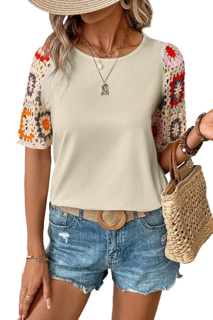 Parchment Floral Crochet Short Sleeve Top - Chic Meadow Boutique 