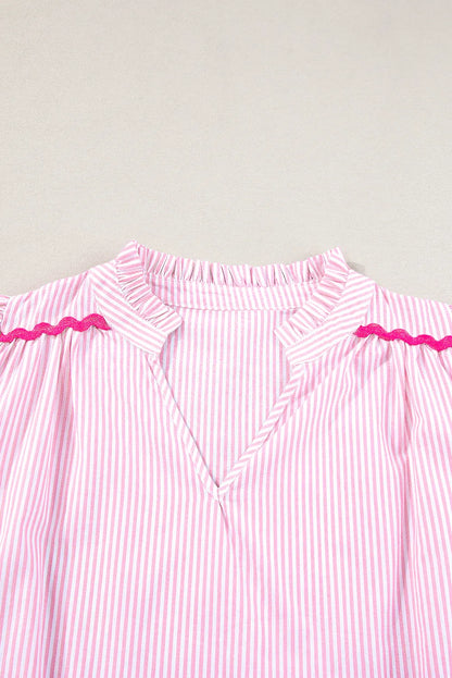 Pink Stripe Ricrac Trim Split Neck Striped Ruffled Sleeve Blouse - Chic Meadow Boutique 