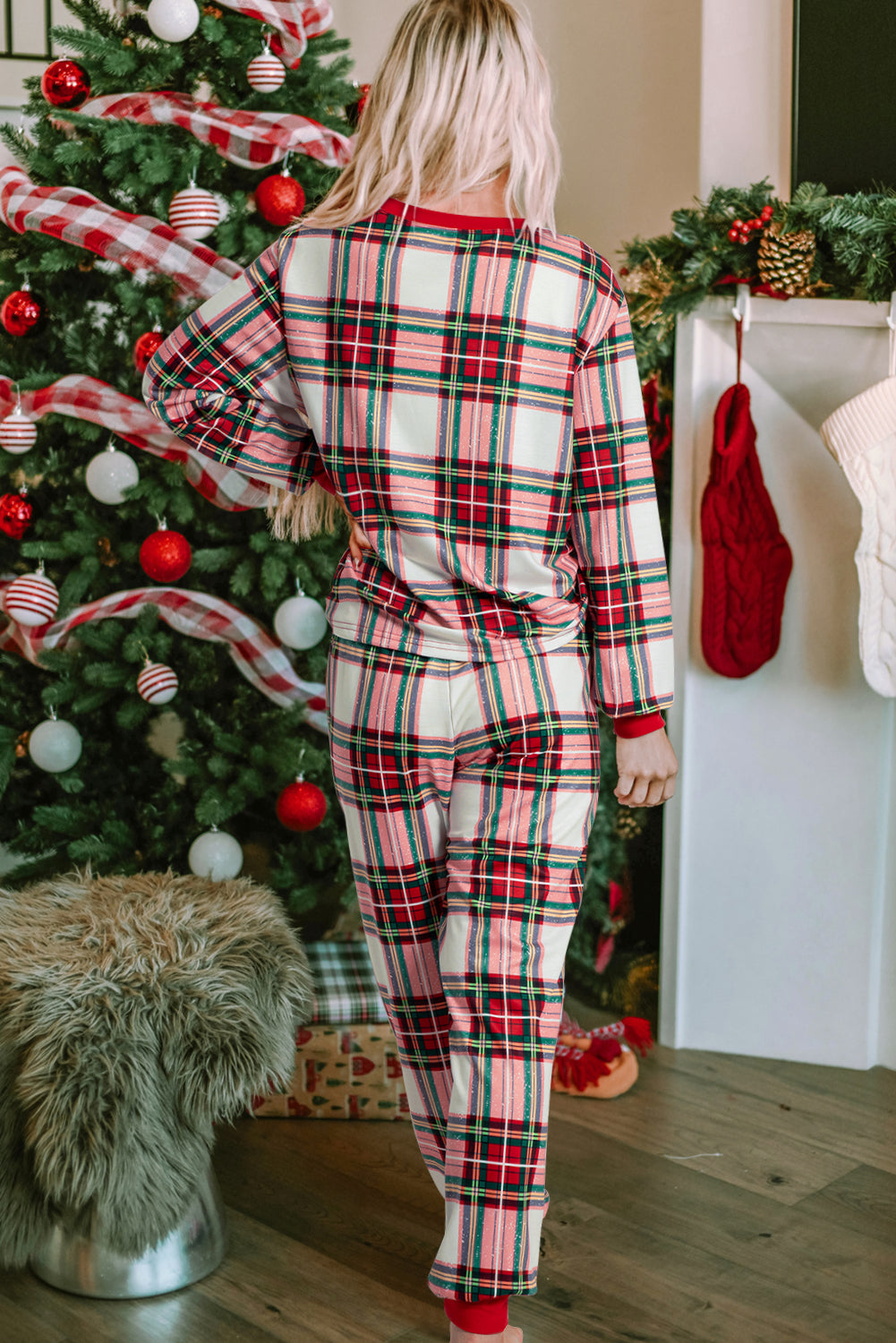 Red Christmas Plaid Allover Top and Pants Lounge Set