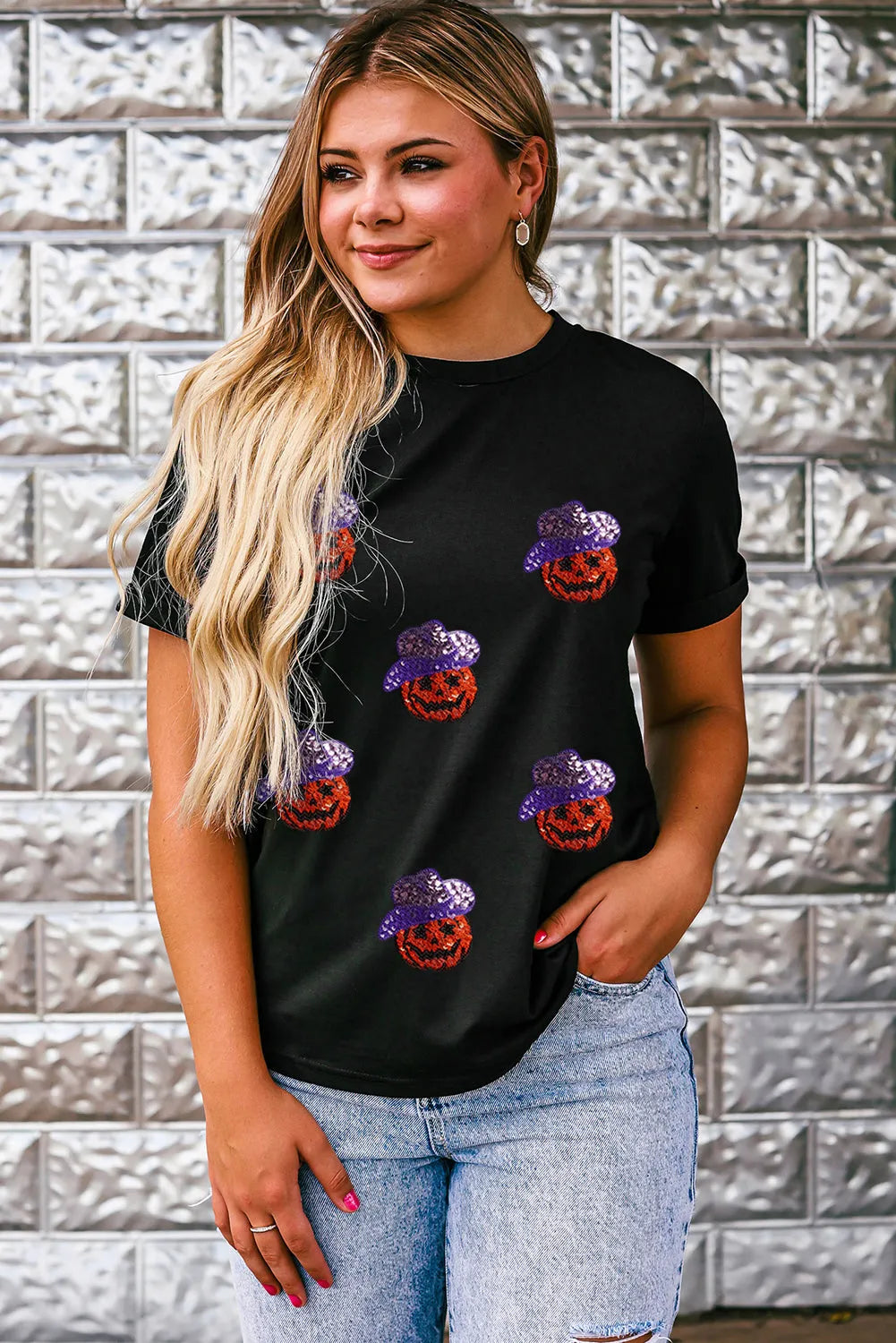 Black Sequin Hat Pumpkin Graphic Crewneck Halloween T Shirt - Chic Meadow Boutique 