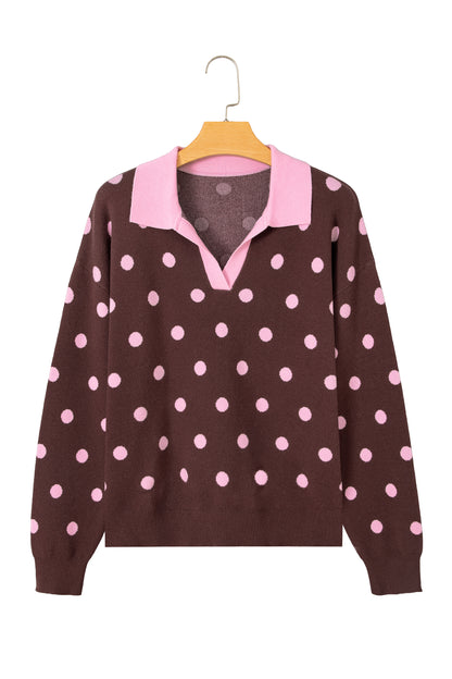 Pink Polka Dot Pattern Color Block Collared Loose Pullover Sweater