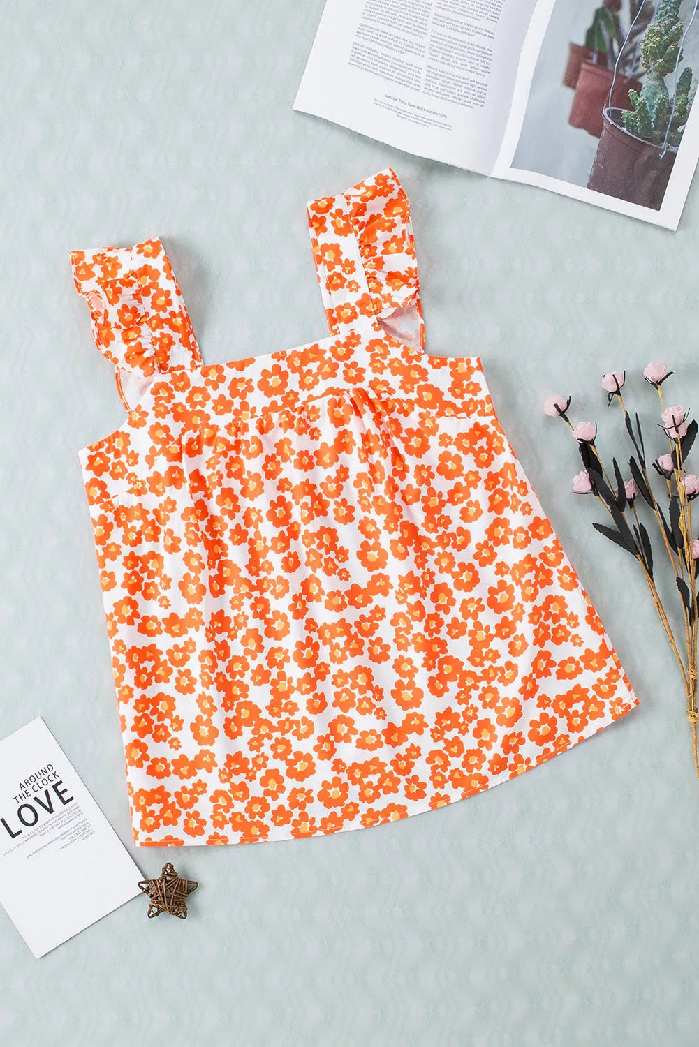 Tops/Tank Tops Orange Floral Print Square Neck Ruffle Tank Top