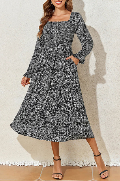 Black Floral Printed Long Sleeve Square Neck Midi Dress - Chic Meadow Boutique 