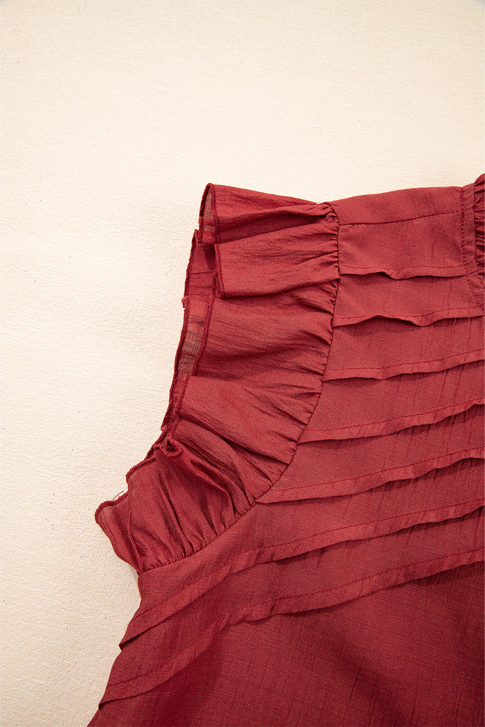 Red Dahlia Solid Color Pleated Detail Ruffle Short Sleeve Blouse