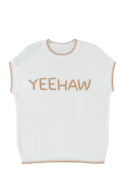 White Knitted YEEHAW Stitch Edge Crew Neck Sweater T Shirt