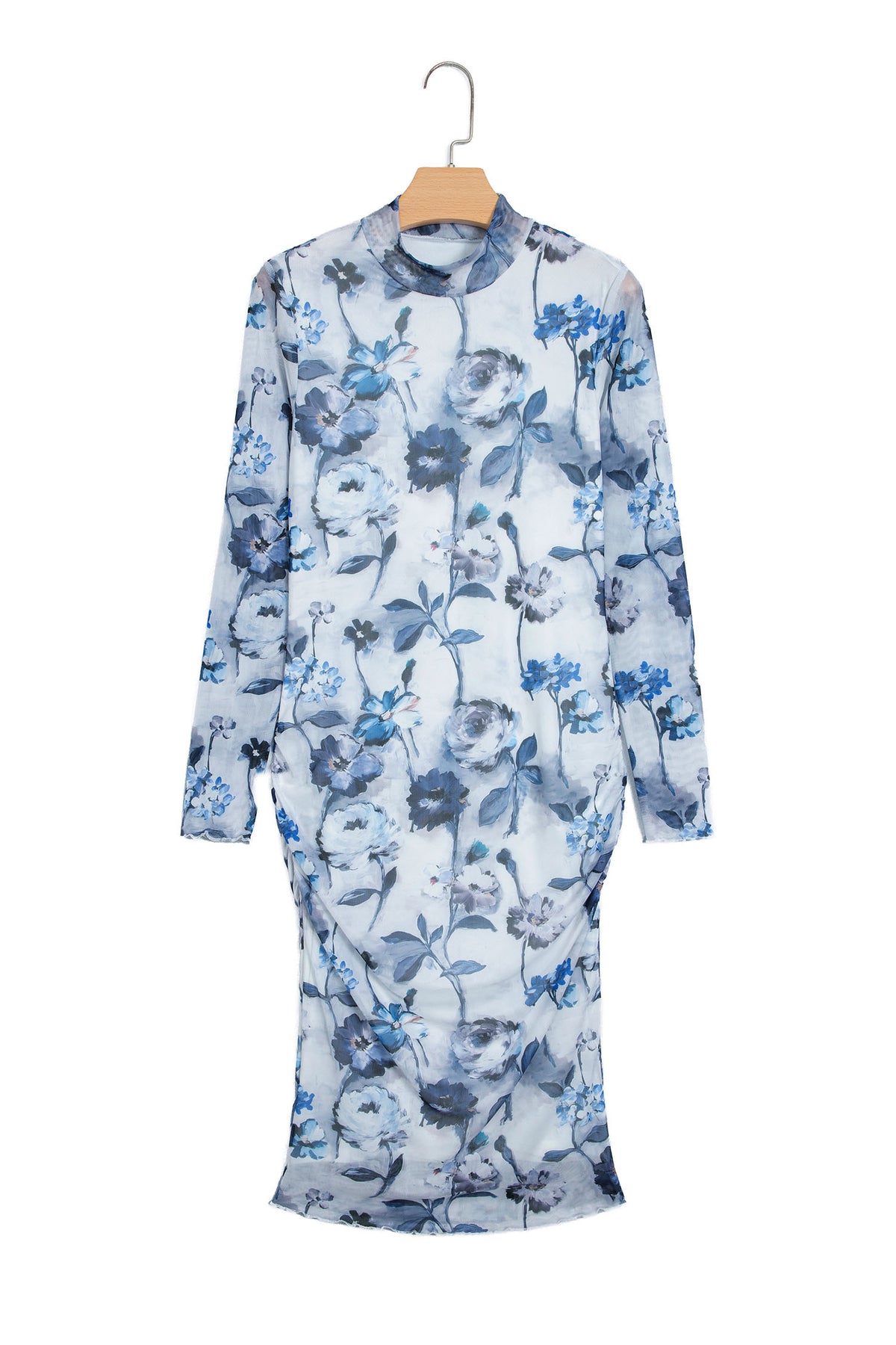 Sky Blue Floral Print Sheath Elegant Long Sleeve Dress