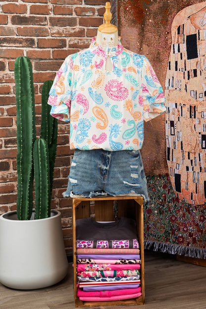 Multicolour Vibrant Paisley Printed Button Keyhole Puff Sleeve Blouse