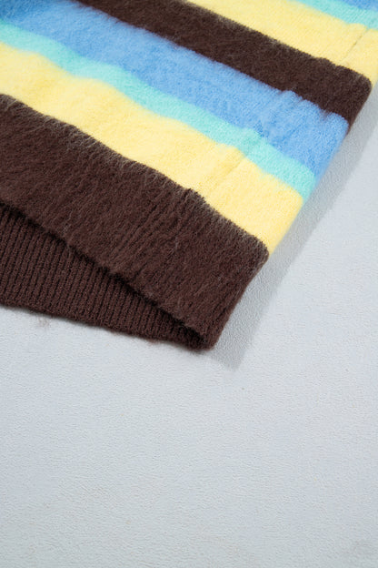 Multicolour Fuzzy Striped Knit Round Neck Casual Shift Sweater