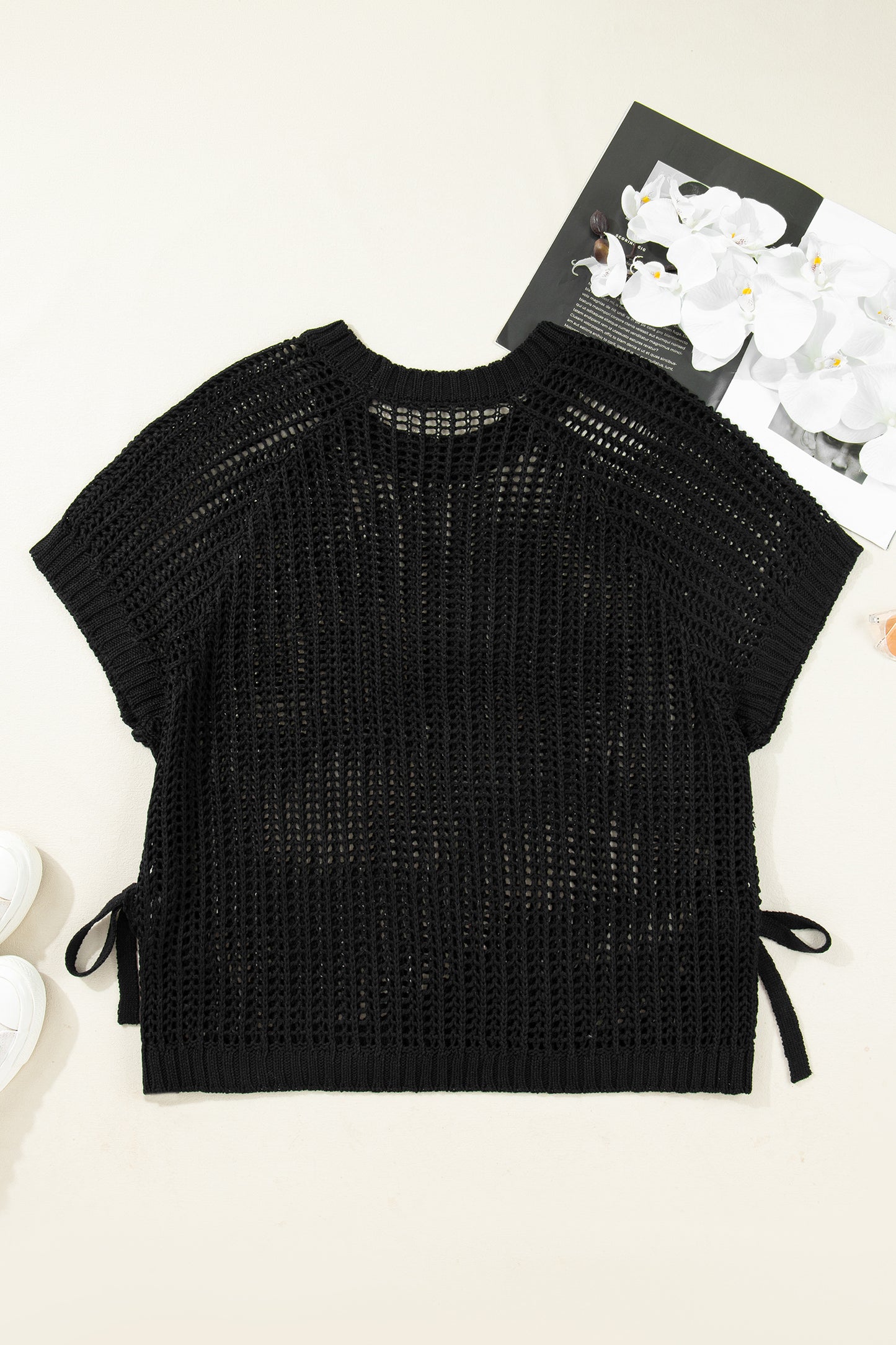 Black Plus Size Open Knit Bow Tie Short Sleeve Sweater