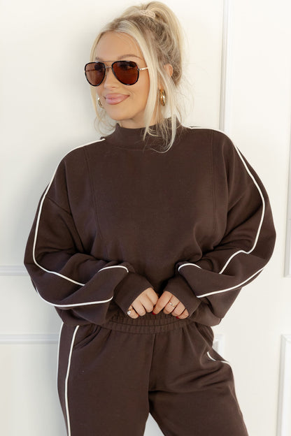 Coffee Sporty Piping Trim Mock Neck Pullover Relaxed 2pcs Pant Set