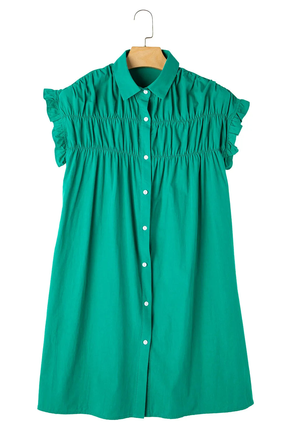 Bright Green Shirred Ruffle Sleeve Button Up Short Dress - Chic Meadow Boutique 