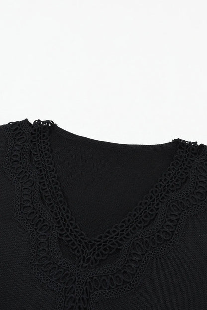 Black Hollowed Lace Splicing V Neck Loose Sweater - Chic Meadow Boutique 