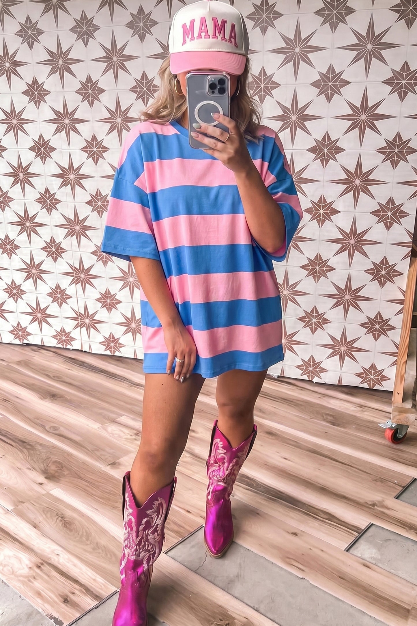 Bright Pink Striped Color Block Oversize Tunic Tee