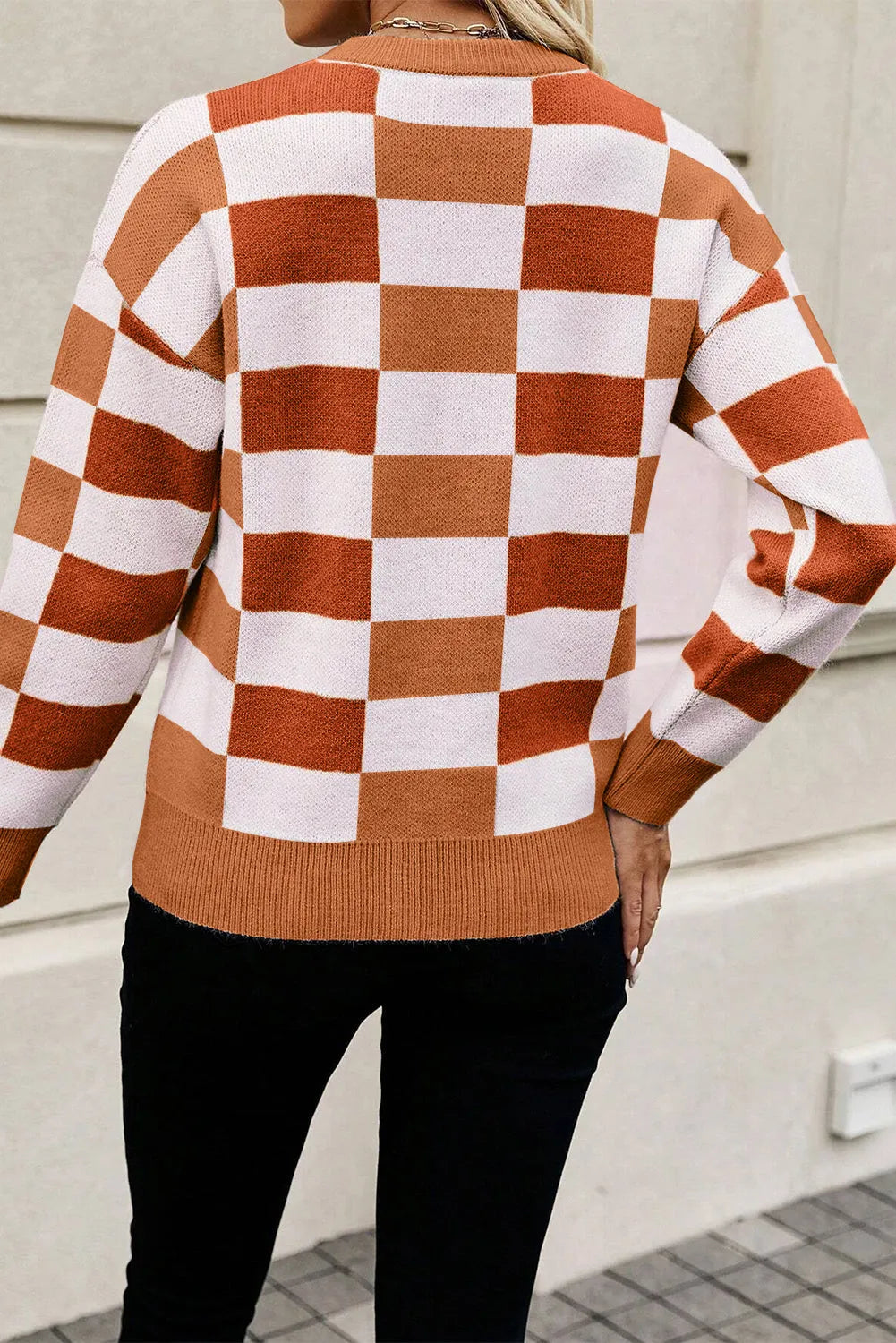 Orange Checkered Ribbed Edge O Neck Drop Shoulder Sweater - Chic Meadow Boutique 