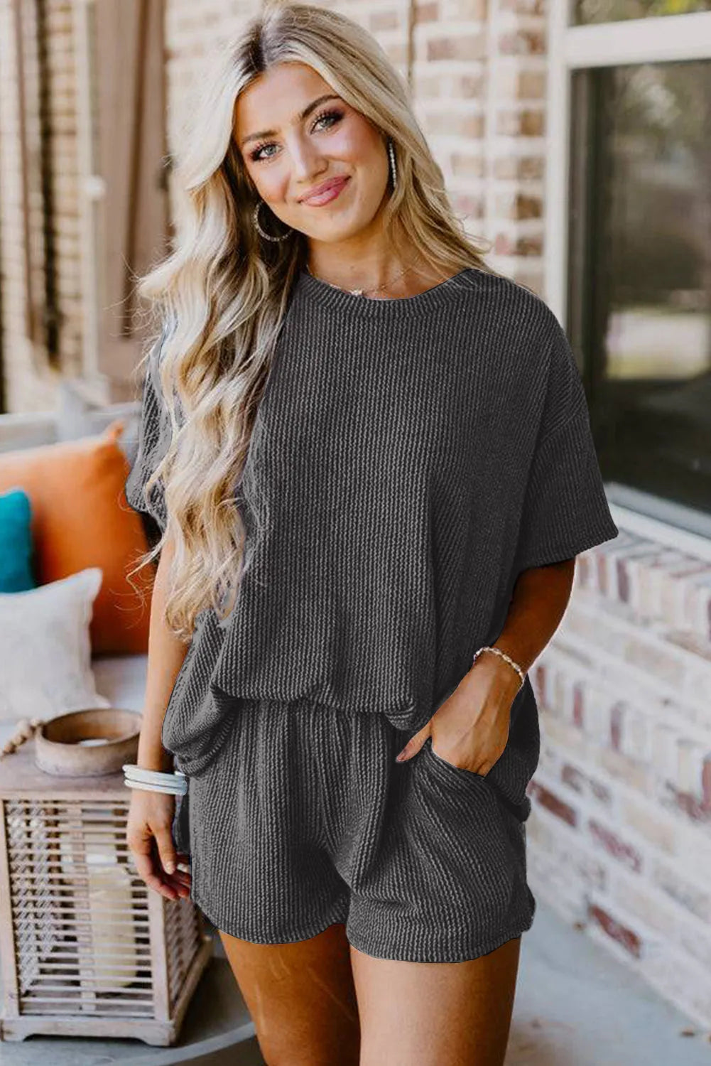 Carbon Grey Ribbed Textured Knit Loose Fit Tee and Shorts Set - Chic Meadow Boutique 