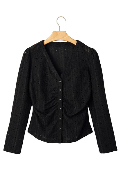 Black V Neck Floral Knit Long Sleeve Button Front Fit Blouse
