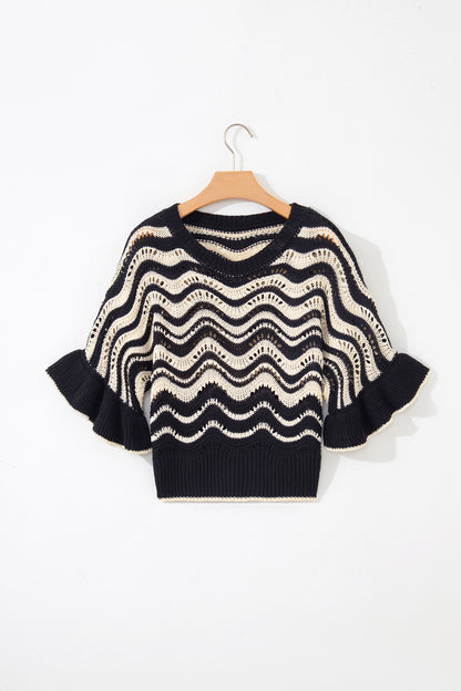 Black Stripe Wavy Crochet Eyelet Detail Ruffle Half Sleeve Sweater