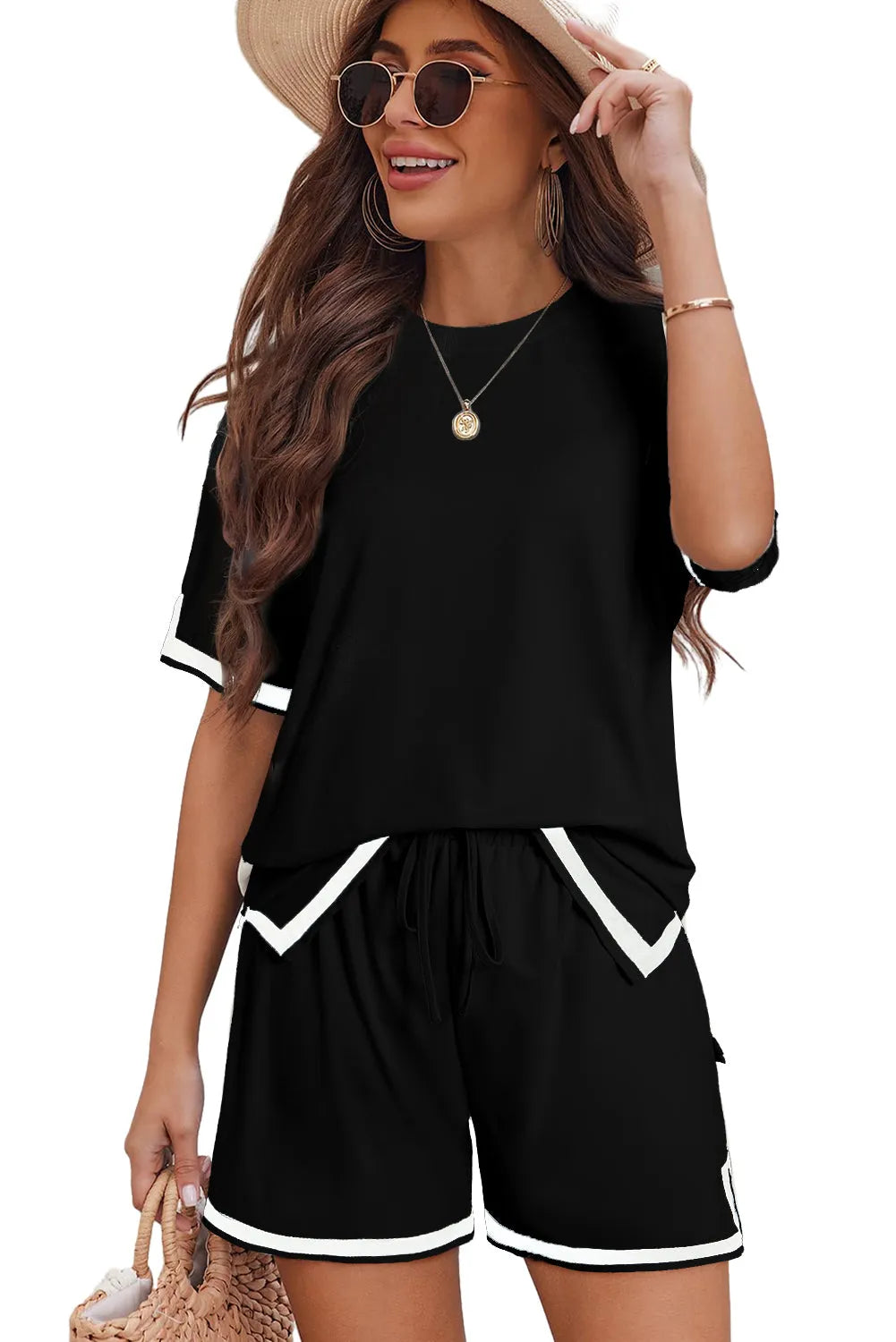 Black Contrast Trim Tee and Shorts Set - Chic Meadow Boutique 