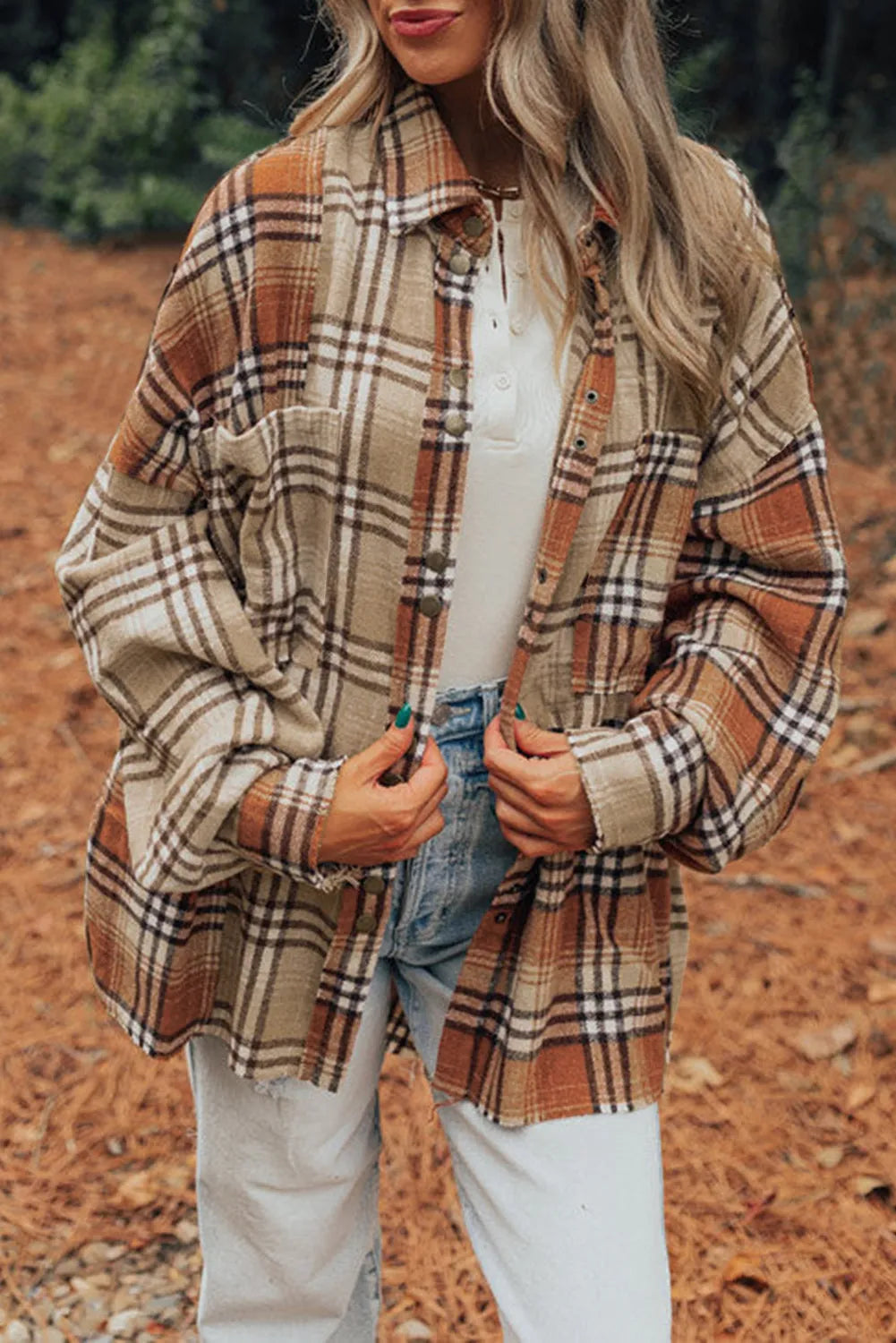 Khaki Plaid Colorblock Patchwork High Low Shacket - Chic Meadow Boutique 