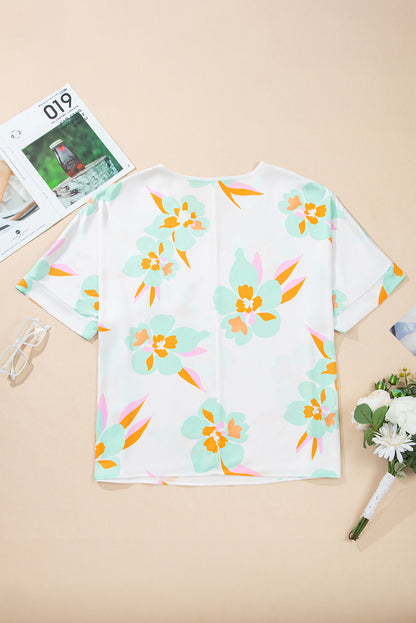 Green Floral Print Loose Fit V Neck Half Sleeve Blouse