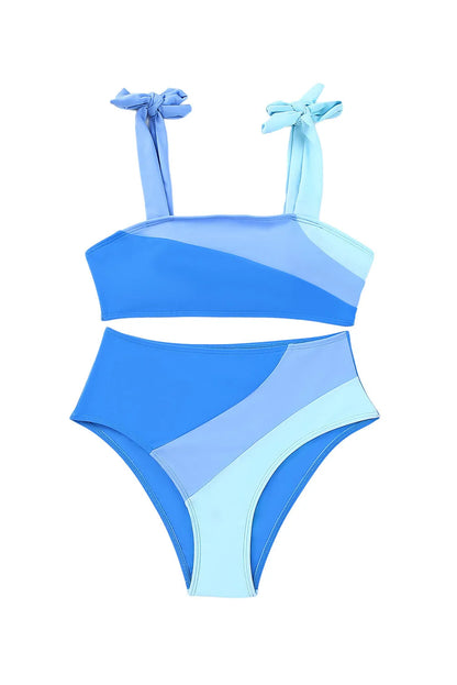 Sky Blue Ombre Color Block Tie Shoulder Bikini High Waist Swimsuit - Chic Meadow Boutique 