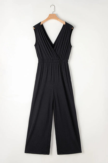 Black Deep V Pleated Crisscross Wide Leg Backless Jumpsuit - Chic Meadow Boutique 