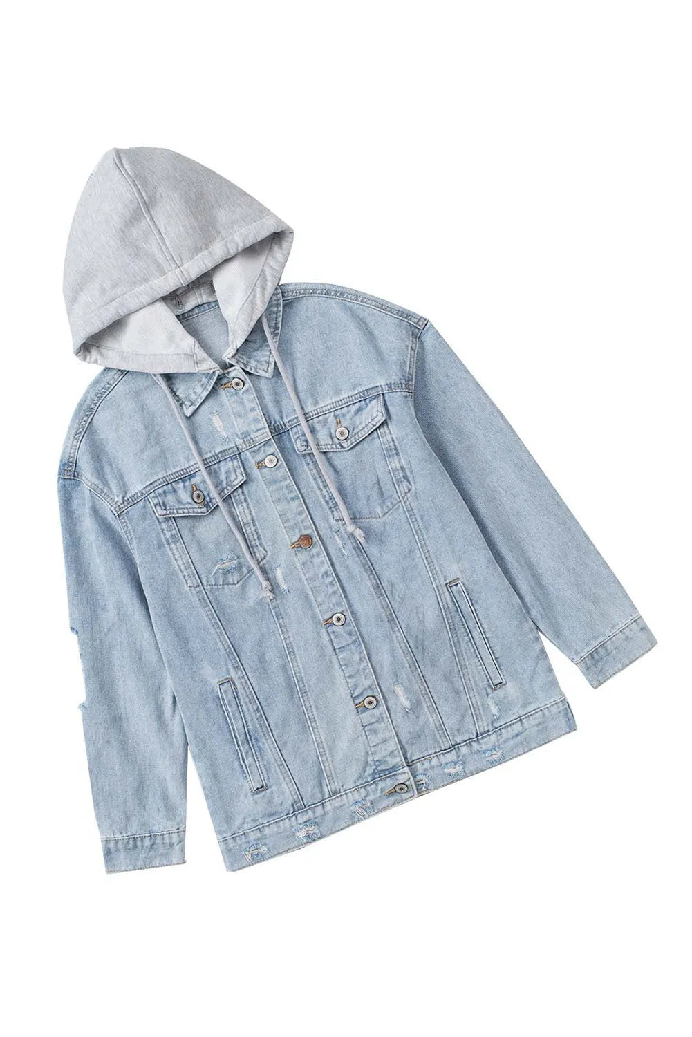 Sky Blue Button Closure Ripped Hooded Denim Jacket - Chic Meadow Boutique 