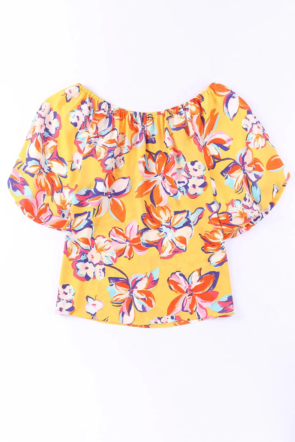 Yellow Floral Print Elastic Neckline Blouse - Chic Meadow Boutique 