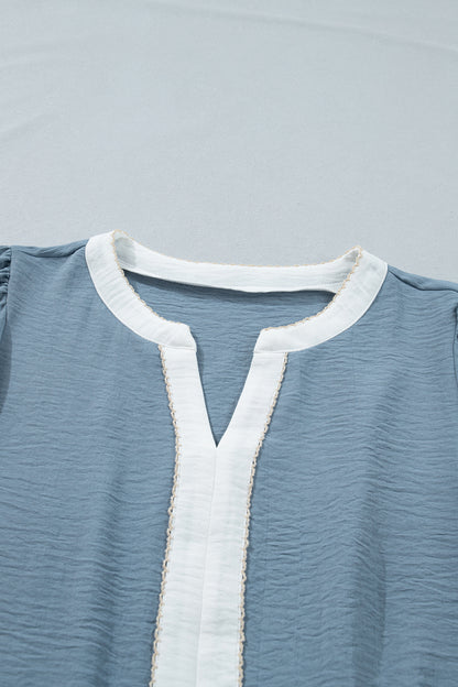 Myosotis Color Block Patchwork V Neck Embroidered Puff Sleeve Babydoll Blouse