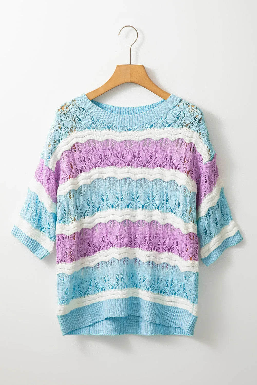 Purple Stripe Color Block Hollow Out Crochet Half Sleeve Sweater - Chic Meadow Boutique 