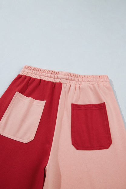 Fiery Red Raw Seam Colorblock Wide Leg Ankle Length Casual Pants