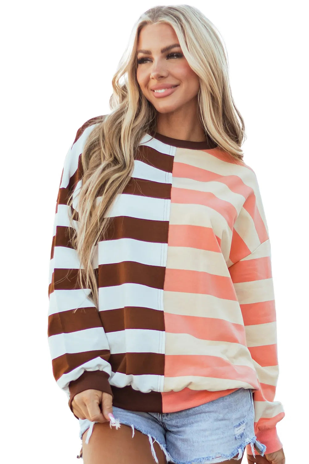 Brown Stripe Color Block Drop Shoulder Pullover Sweatshirt - Chic Meadow Boutique 