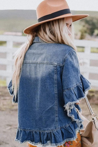 Outerwear/Denim jackets Peacock Blue Raw Edge Ruffled Short Sleeve Denim Jacket