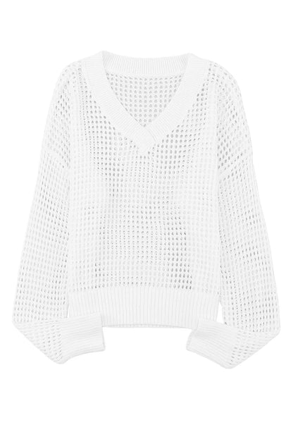 White Hollow Out Knitted Loose Fit V Neck Sweater - Chic Meadow Boutique 