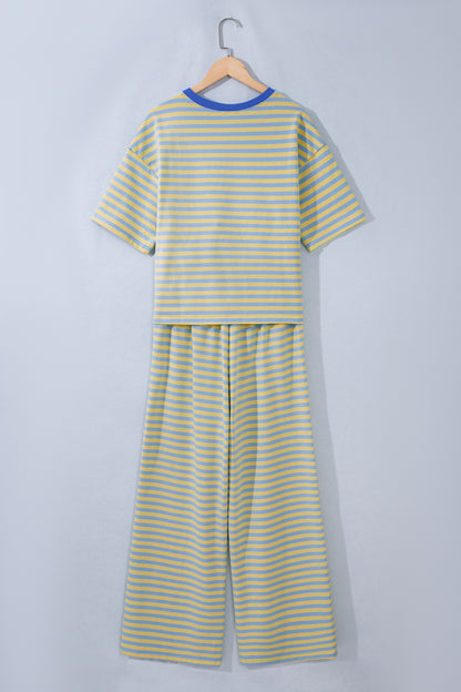 Yellow Stripe Colorblock Trim Crew Neck Loose Tee Drawstring Elastic Waist 2pcs Pant Set
