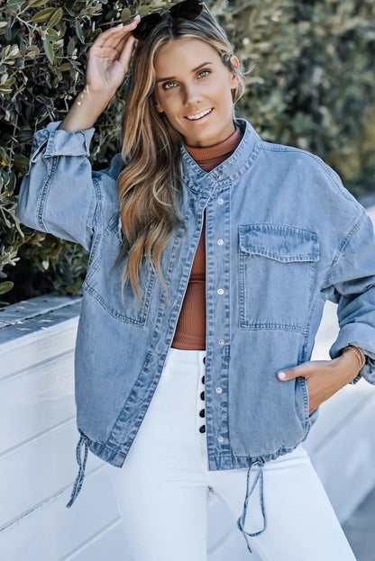 Sky Blue Roll-Up Tab Sleeve Button Down Pocket Denim Jacket - Chic Meadow Boutique 