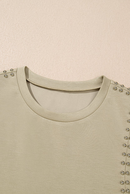 Sage Green Studded Cap Sleeve Round Neck T Shirt