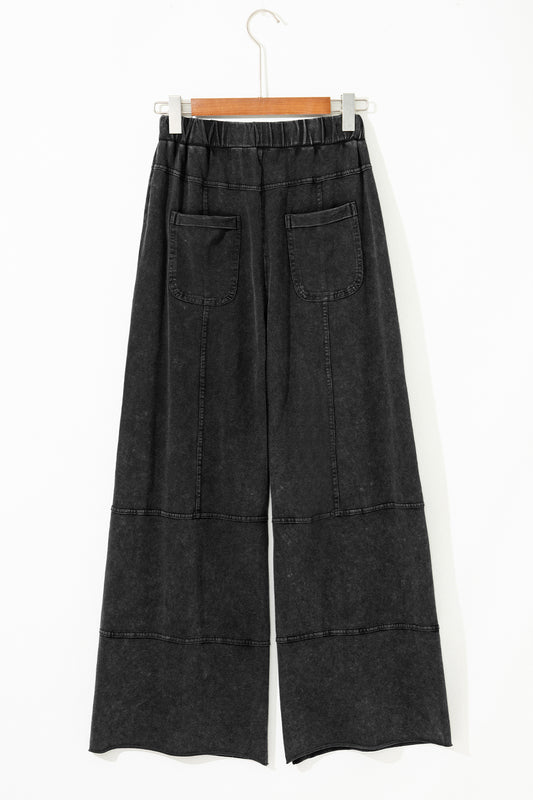 Black Mineral Wash Exposed Seam Drawstring High Waist Wide Leg Cargo Pants