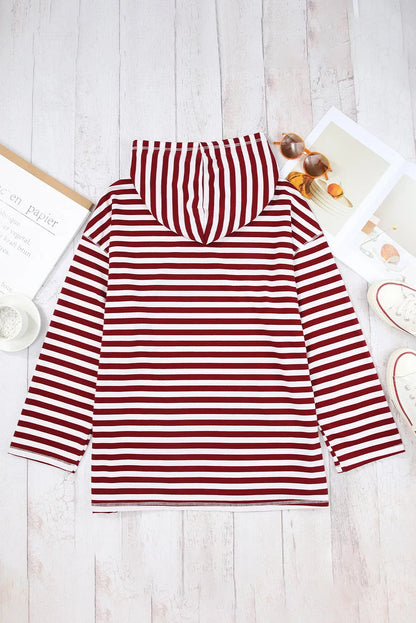 Burgundy Stripe Kangaroo Pocket Drawstring Hoodie - Chic Meadow Boutique 