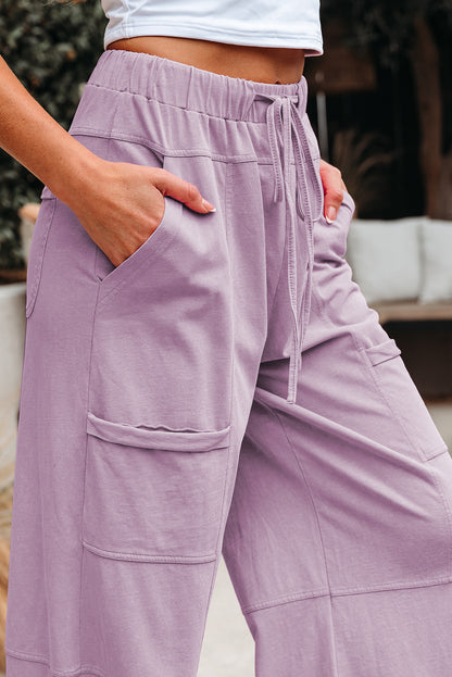 Pink Mineral Wash Exposed Seam Drawstring High Waist Wide Leg Cargo Pants