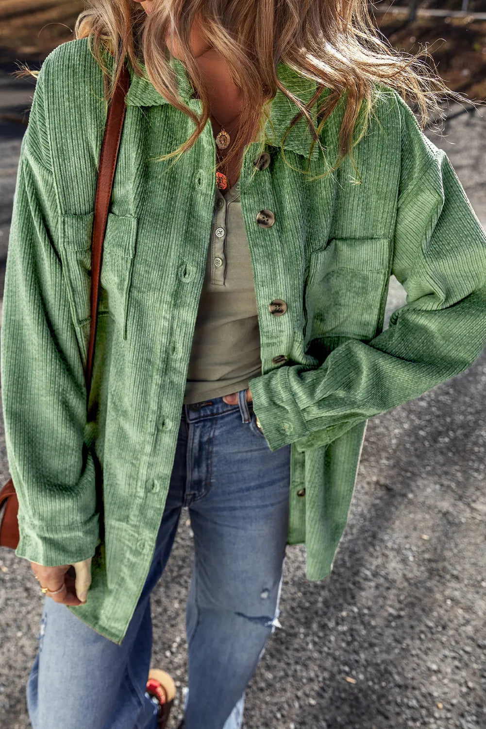 Mist Green Patched Pocket Button Up Corduroy Shacket - Chic Meadow Boutique 