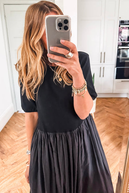 Black Short Sleeve Knit Top Patchwork Pleated Long Dress