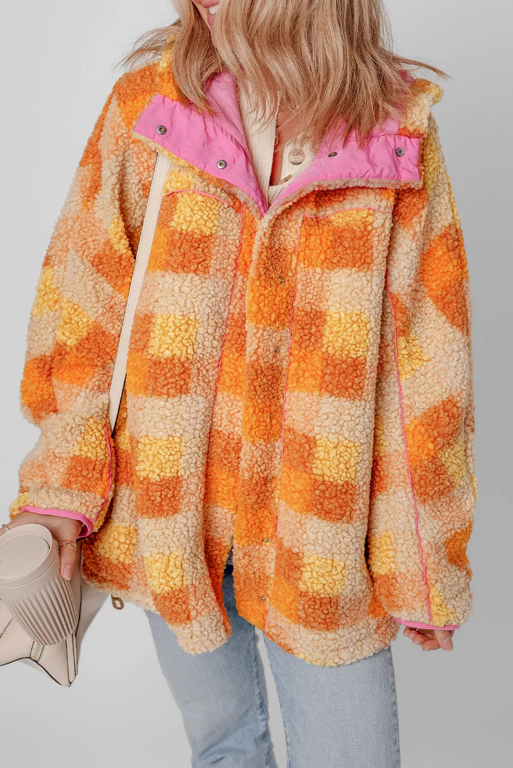 Orange Checkered Sherpa Hooded Jacket - Chic Meadow Boutique 