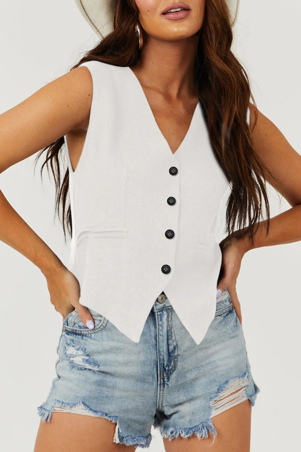 White Solid Color Button up V Neck Suit Vest - Chic Meadow Boutique 