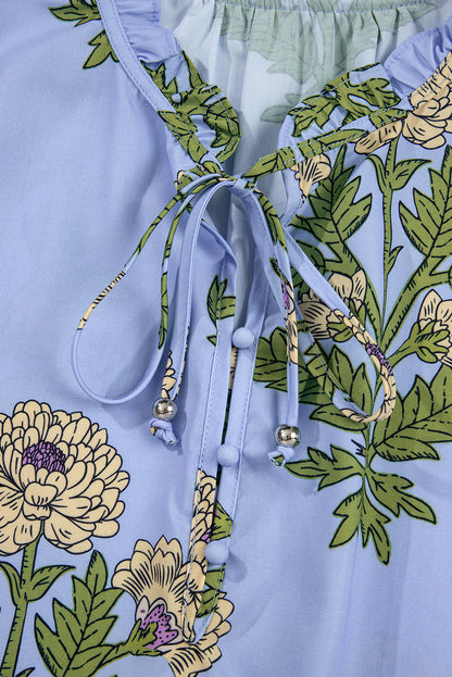 Sky Blue Floral Print Button Tie Neck Long Puff Sleeve Blouse