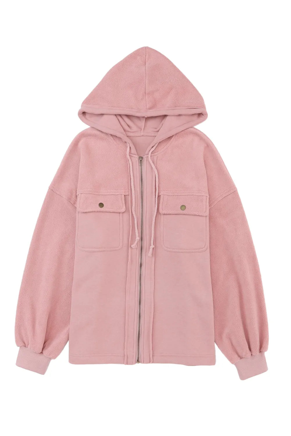 Pink Flap Pocket Drawstring Hood Zip Up Jacket - Chic Meadow Boutique 