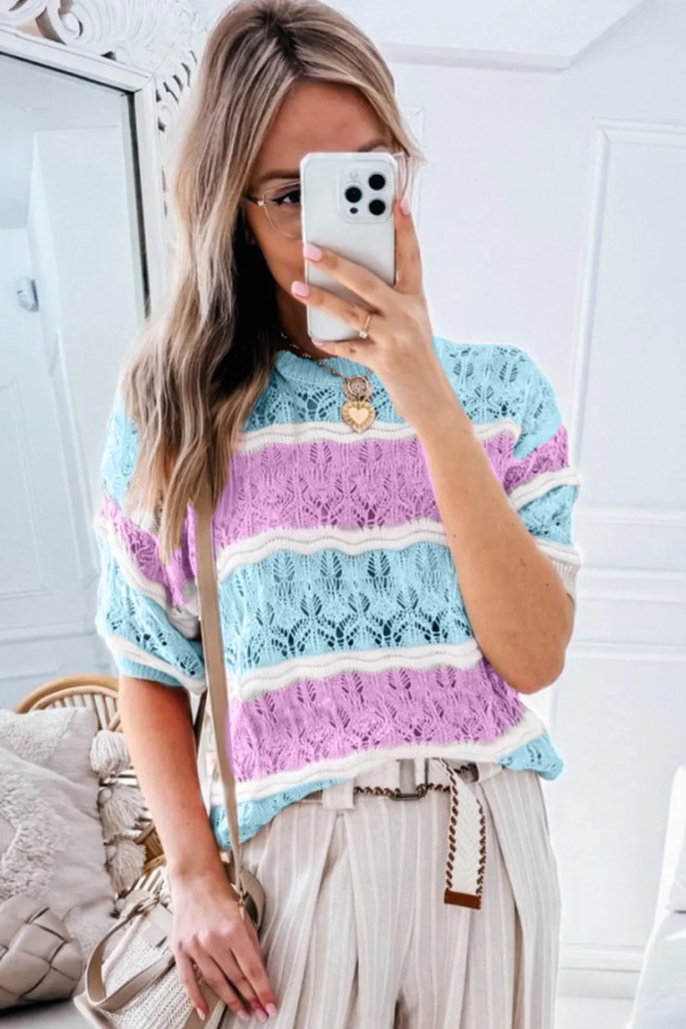 Purple Stripe Color Block Hollow Out Crochet Half Sleeve Sweater - Chic Meadow Boutique 